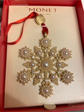 Monet 2025 Gold & Pearls Encrusted Snowflake Ornament With Red Box.